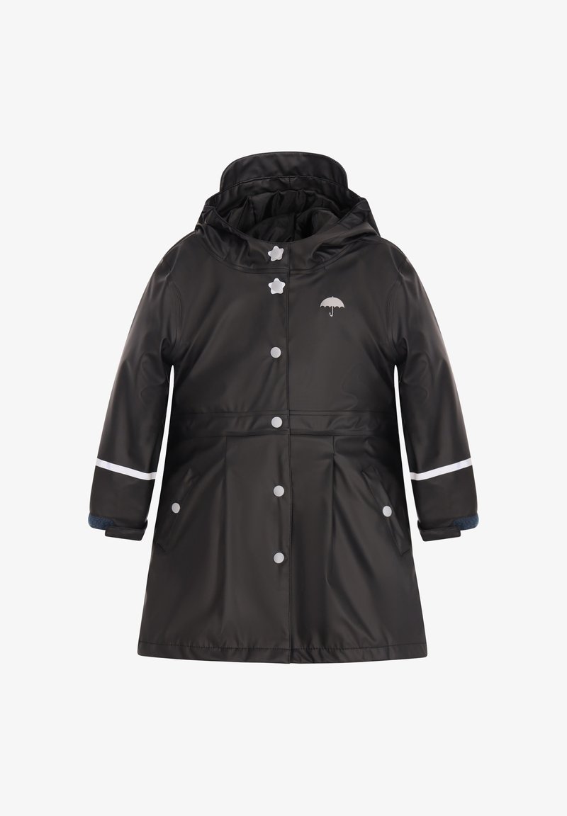 Juodas vandeniui atsparus paltas su gobtuvu, su baltais mygtukais, pečių akcentais, atspindinčiomis juostomis ir mažo skėčio logotipu ant krūtinės.