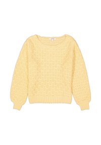 Lichtgele gebreide trui met lange ballonmouwen en een gestructureerd diamanten patroon, ribgebreide manchetten en zoom.