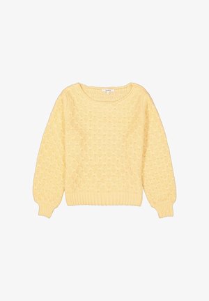 Lichtgele gebreide trui met lange ballonmouwen en een gestructureerd diamanten patroon, ribgebreide manchetten en zoom.