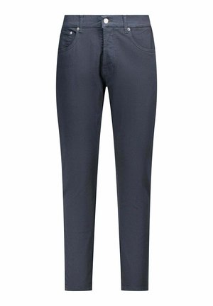 Marineblauwe slimfit herensbroek met knoop aan de voorkant, ritssluiting en zijzakken, weergegeven op een witte achtergrond.