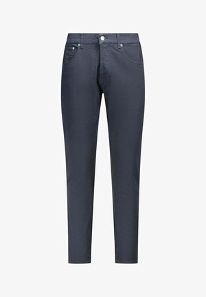 Pantalon slim bleu marine pour homme avec bouton devant, fermeture éclair et poches latérales, présenté sur fond blanc.