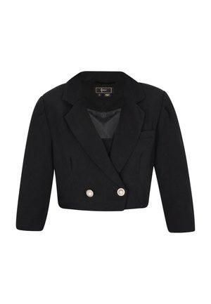 Blazer cropped nero in morbido tessuto, con chiusura doppiopetto e dettagli in perle, spalle imbottite. Chiusura frontale, colletto a rever.
