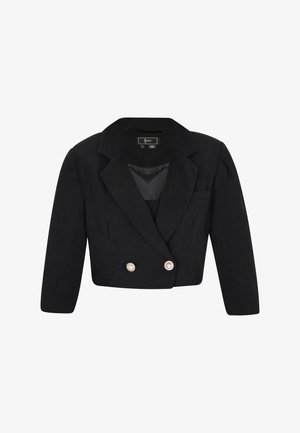 Schwarze cropped Blazer aus weichem Stoff, mit doppelter Knopfleiste und Perlenakzenten sowie gepolsterten Schultern. Geschlossene Vorderseite, Reverskragen.