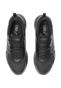Black athletic shoes with a mesh upper, flat laces, and a padded collar. Features a logo on the tongue and textured accents on the sides.