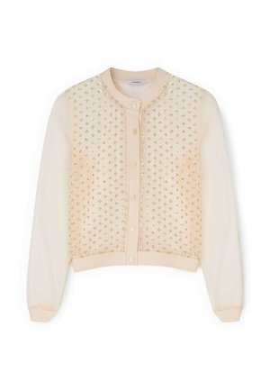 Beige cardigan med lange ærmer, knaplukning foran og små skinnende gyldne pynt jævnt fordelt over frontpanelet.
