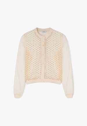 Cardigan beige à manches longues avec fermeture à boutons sur le devant et petits embellissements dorés brillants couvrant uniformément le panneau avant.