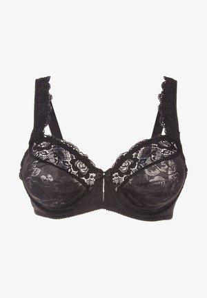 Reggiseno in pizzo nero con ferretto, caratterizzato da motivi floreali, bordo in pizzo ondulato e un piccolo fiocco di raso al centro tra le coppe.