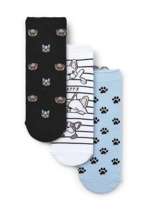 Tre paia di calzini: neri con facce di animali, bianchi a righe con un motivo di cani, azzurri chiari con impronte di zampe. Materiale morbido in cotone misto.