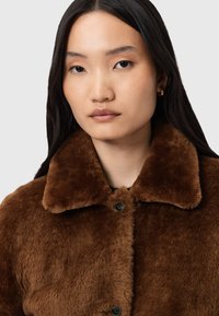 Cappotto in pelliccia sintetica marrone con ampio colletto, dotato di due bottoni neri e una finitura morbida e testurizzata. Gli accenti includono una fodera interna liscia.