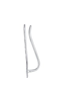 Metalen haak met een elegante, glanzende zilveren afwerking. Heeft een gebogen vorm en een licht gestructureerde grip, ontworpen voor functioneel gebruik.