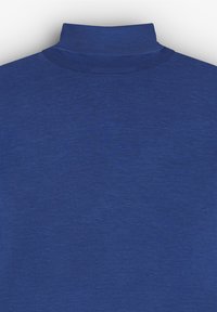 Blaues Oberteil mit hohem Kragen aus strukturiertem Stoff, das eine glatte Oberfläche und eine einfarbige Gestaltung ohne Muster oder Verzierungen aufweist.