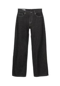 Jeans a gamba larga in denim nero con cuciture visibili, design a cinque tasche e chiusura con bottone. Il tessuto ha una finitura liscia e leggermente testurizzata.