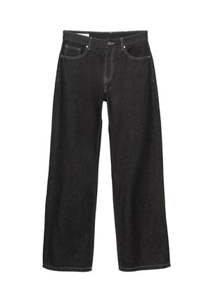 Jeans negri din denim, cu croială largă, cusături vizibile, design cu cinci buzunare și închidere cu buton. Materialul are o finisare netedă, ușor texturată.
