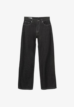 Černé denimové kalhoty širokého střihu s viditelným šitím, designem s pěti kapsami a zapínáním na knoflík. Tkanina má hladký, mírně texturovaný povrch.