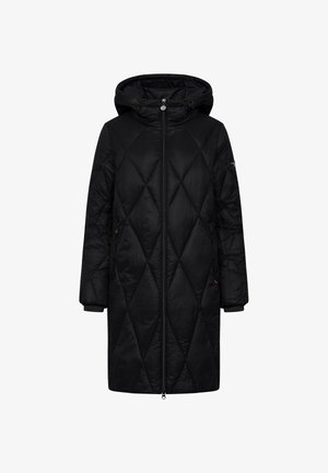 Zwarte gewatteerde jas met een capuchon, voorzien van een ruitpatroon, zijzakken met rits en elastische manchetten. Soepele textuur met een matte afwerking.