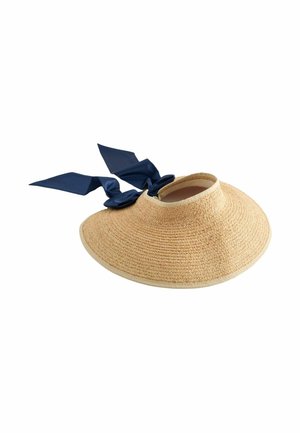 Straw sun visor hat with wide brim and navy blue fabric ties at the back on a white background.