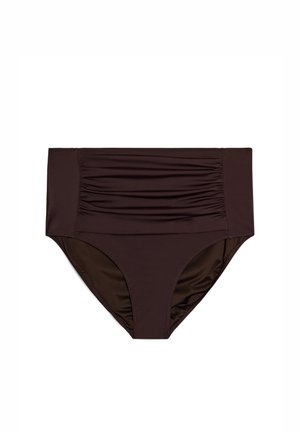 Dark brown high-waist bikini bottom with ruched front panel, smooth fabric, and full back coverage.