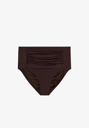 Tumši brūnas augsta jostasvietas bikini apakšdaļas ar savilktu priekšpusi, gludu audumu un pilnu aizmugures pārklājumu.