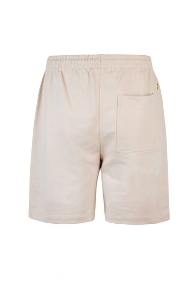 Shorts din bumbac bej cu talie elastică, având un singur buzunar pe spate și detalii de cusătură minime.