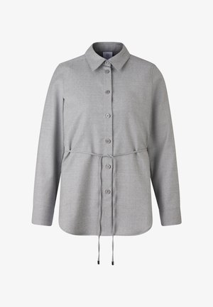 Light grey long-sleeve button-up shirt with collar and adjustable waist tie, made from soft fabric.