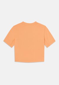 Korte mouwen, cropped t-shirt van zachte oranje katoen, met een ronde hals en verzorgde stiksels. Geen zichtbare logo's of patronen.
