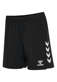Schwarze Sportshorts mit elastischem Bund, Seitentaschen, weißen Chevron-Streifen an den Seiten und weißem "hummel"-Logo nahe dem Saum.