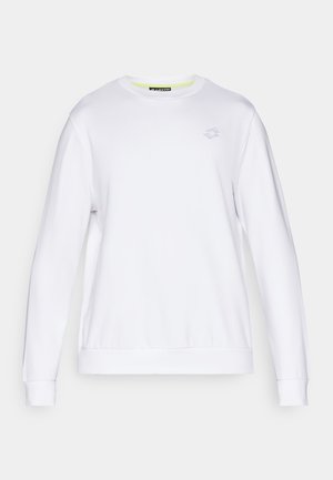 Sweatshirt branco com mangas longas, gola redonda e punhos canelados. Apresenta um logótipo geométrico discreto no peito. Textura suave.