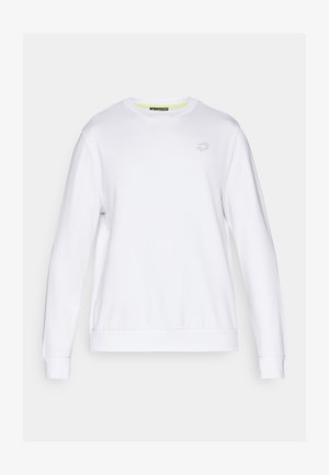 Valkoinen huppari, jossa on pitkät hihat, pyöreä kaula-aukko ja ribbaatut hihansuut. Rintakehässä on hillitty geometrinen logo. Sileä pinta.