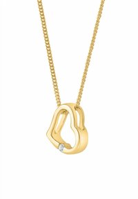 Collana d'oro con ciondolo lucido a forma di campana, impreziosito da una piccola gemma trasparente, con una catena a design intrecciato.