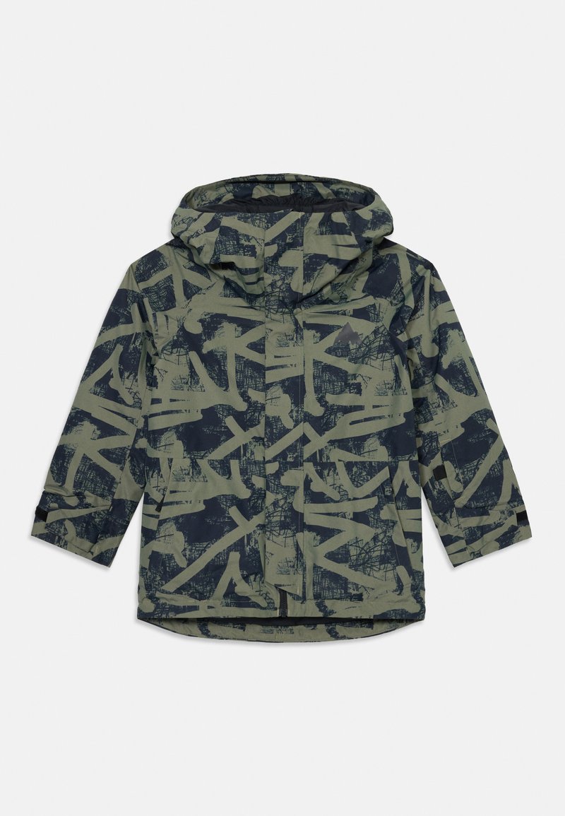 Jachetă cu glugă verde și neagră, cu imprimeu geometric abstract, mâneci lungi și buzunare frontale.