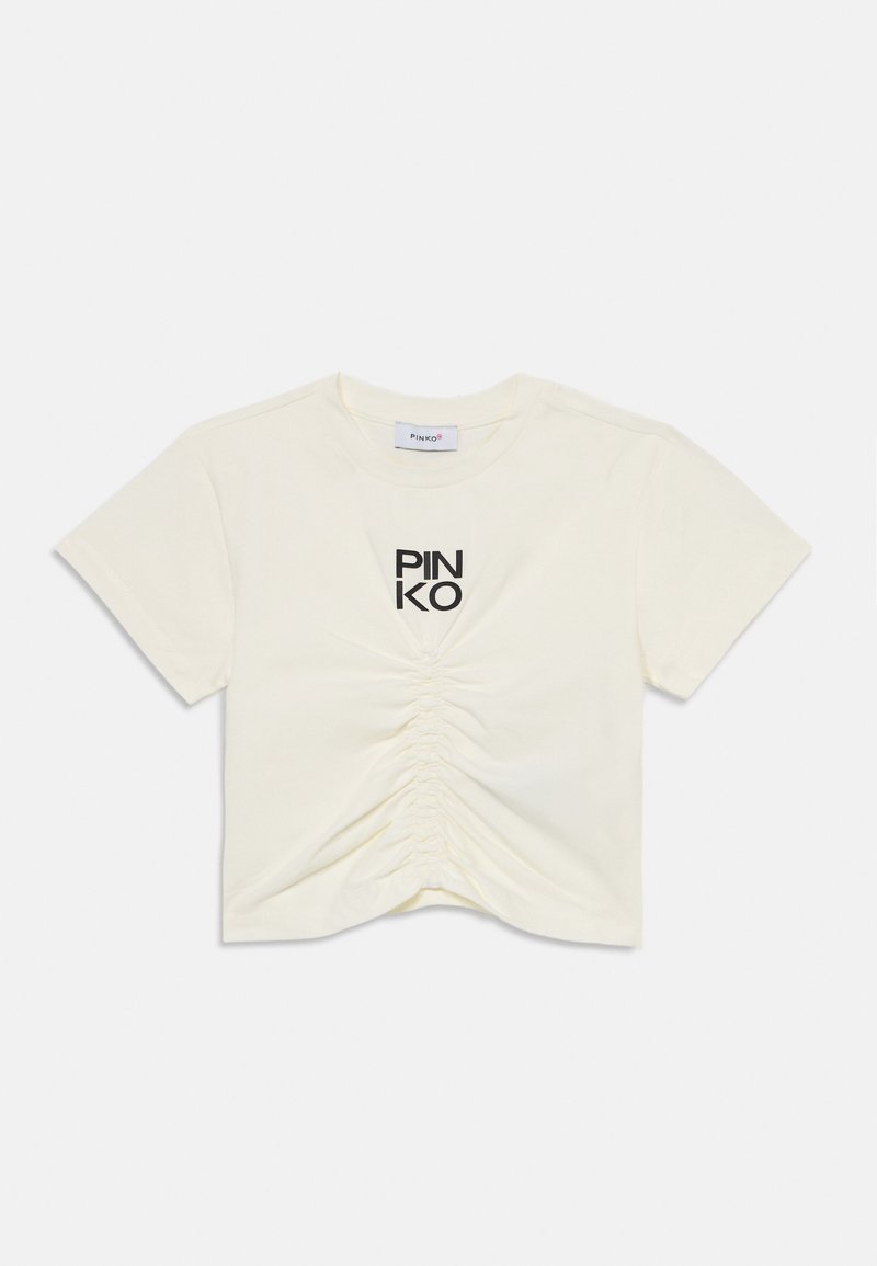 Kortermet, kremfarget t-skjorte laget av bomull, med rynkedetaljer foran og svart "PINKO"-logo trykt sentralt.