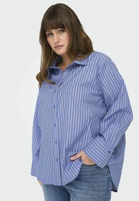 Blauwe gestreepte button-up shirt met een relaxte pasvorm, kraag, lange mouwen en knoopmanchetten. Kenmerkt zich door verticale strepen in wit en marineblauw.