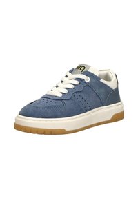 Blue suede sneaker with white laces and rubber sole. Features perforated detailing and a textured heel accent. Measures approx. 3 inches in height.