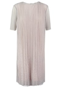Robe plissée rose pâle à manches courtes et col rond. Fabriquée dans un tissu brillant et texturé, elle tombe juste au-dessus du genou.