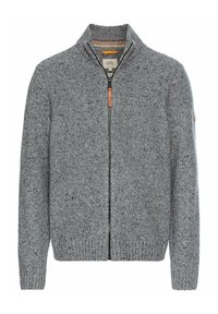 Grijze gebreide trui met een hoge kraag en rits. Heeft een gestructureerd, gespikkeld design en geribde manchetten en zoom. Accented met een leren label.