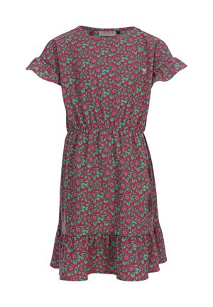 Kort jurkje met korte mouwen, elastische taille, gerafelde zoom en een roze-groen bloemenpatroon op een gestructureerde stof.