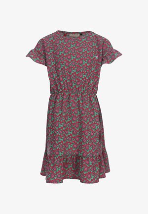 Kort jurkje met korte mouwen, elastische taille, gerafelde zoom en een roze-groen bloemenpatroon op een gestructureerde stof.