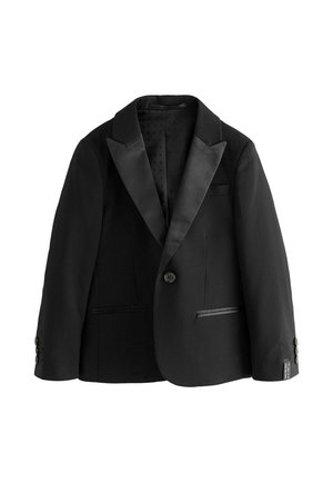 Čierne smokingové sako s jedným gombíkom, saténovými klopami, dvoma prednými vreckami a zapínaním na gombíky na manžetách, zobrazené na bielom pozadí.