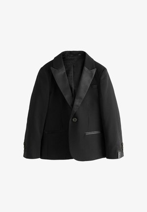 Schwarze Ein-Knopf-Smokingjacke mit Satinrevers, zwei Vordertaschen und geknöpften Manschetten, dargestellt auf weißem Hintergrund.