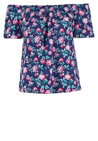 Top floreale off-the-shoulder in blu navy con fiori rosa e turchesi, scollatura elastica, maniche corte e tessuto leggero.