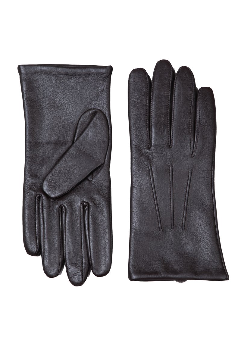 Black leather gloves with a smooth texture. Four fingers and a side panel. Features subtle seam detailing and a refined design.