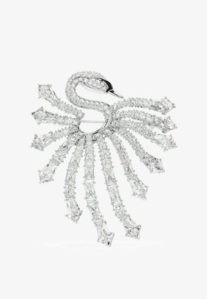 Spilla a forma di cigno con corpo e piume realizzati in scintillanti gemme chiare disposte in eleganti linee a ventaglio su una base d’argento.