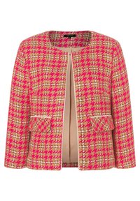 Damesjack met open voorkant, voorzien van een ruitpatroon in roze, beige en wit, en twee klepzakken aan de voorkant.