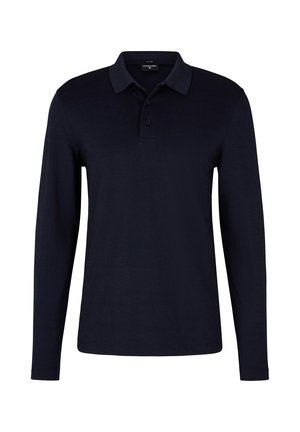 Navy long-sleeve polo shirt, made of cotton fabric, featuring a collar, three buttons, and a smooth texture. No visible patterns or accents.