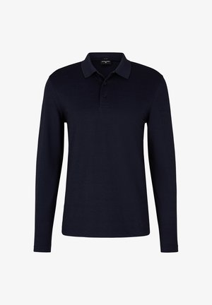 Marineblaues Langarm-Polo-Shirt aus Baumwollstoff, mit einem Kragen, drei Knöpfen und einer glatten Textur. Keine sichtbaren Muster oder Akzente.