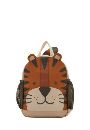 Sac à dos pour enfants en forme de visage de tigre avec des oreilles, des rayures marron, des poches latérales en mesh et une poignée supérieure.