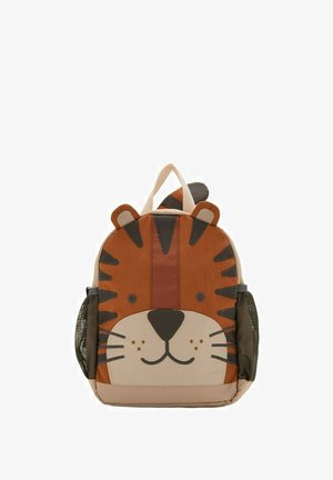 Sac à dos pour enfants en forme de visage de tigre avec des oreilles, des rayures marron, des poches latérales en mesh et une poignée supérieure.