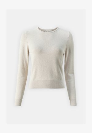 Maglione lungo beige chiaro a maniche lunghe realizzato in un tessuto morbido. Presenta un collo rotondo, polsini a coste e una silhouette attillata.