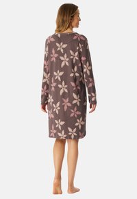 Long, loose-fitting grey nightgown with pink floral pattern, round neckline, and long sleeves, made of soft fabric.