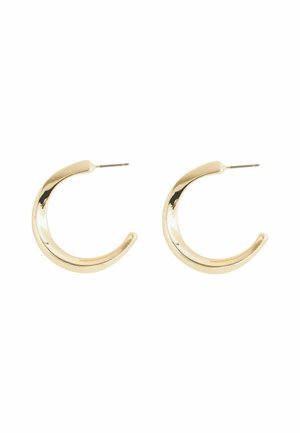 Goldene Creolen mit einer glatten, glänzenden Oberfläche. Halbkreisform mit leichter Krümmung, ausgestattet mit einem spitzen Steg für sicheren Halt.